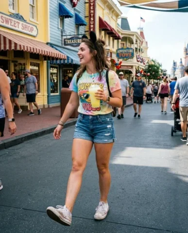 Theme Park Day — 3x3 Candid Smartphone Grid 6 — Nano Banana AI Prompt: The themed street behind is lined with colorful shops — painted facades in brigh...