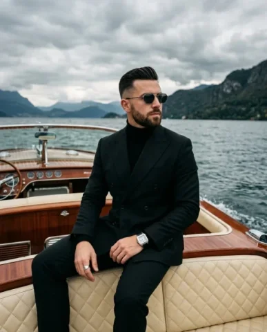 Luxury Menswear Editorial on a Vintage Boat 1 — Nano Banana AI Prompt: An editorial photograph of an adult male with a styled fade haircut and a neatly...