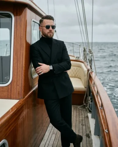 Luxury Menswear Editorial on a Vintage Boat 4 — Nano Banana AI Prompt: An editorial photograph of an adult male with a styled fade haircut and a neatly...