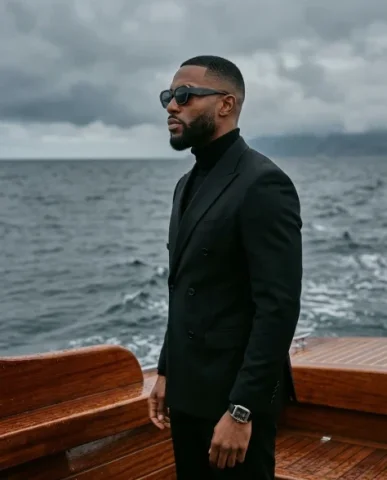 Luxury Menswear Editorial on a Vintage Boat 5 — Nano Banana AI Prompt: An editorial profile photograph of an adult male with a styled fade haircut and...
