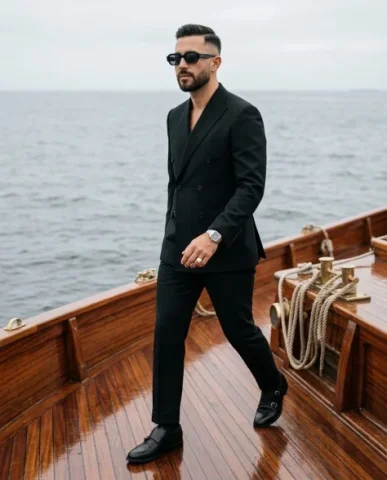 Luxury Menswear Editorial on a Vintage Boat 7 — Nano Banana AI Prompt: An editorial photograph of an adult male with a styled fade haircut and a neatly...