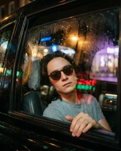 Rainy Night Taxi Cinematic Through Window 1 — Nano Banana AI Prompt: Heavy glass reflections from the wet window overlay the subject's face with ghos...