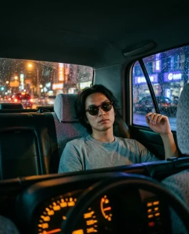 Rainy Night Taxi Cinematic Through Window 2 — Nano Banana AI Prompt: The subject wears a soft dove-grey crew-neck t-shirt and dark-tinted round sungl...