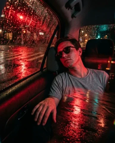 Rainy Night Taxi Cinematic Through Window 7 — Nano Banana AI Prompt: Cinematic shot from outside the taxi focused on the rain-spattered and fogged pa...