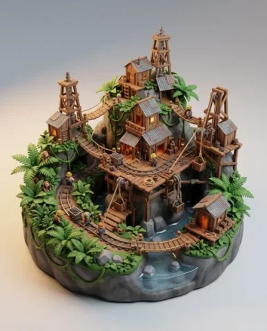 Collectible Diorama — Jungle Mining Settlement 1 — Nano Banana AI Prompt: Wooden platforms connected by rope bridges spanning between drilling towers of r...