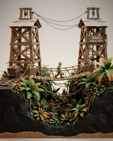 Collectible Diorama — Jungle Mining Settlement 2 — Nano Banana AI Prompt: An ore cart sits on the narrow-gauge track at the base of one tower. A small mon...