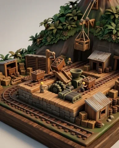 Collectible Diorama — Jungle Mining Settlement 3 — Nano Banana AI Prompt: Tiny workers in hard hats direct operations — one points at a cart, another push...