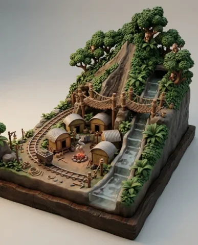 Collectible Diorama — Jungle Mining Settlement 4 — Nano Banana AI Prompt: Details hidden from the front become visible: worker quarters — small huts with...