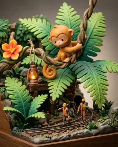 Collectible Diorama — Jungle Mining Settlement 5 — Nano Banana AI Prompt: The display base is visible at the bottom. Neutral studio gradient background. -...