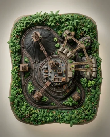 Collectible Diorama — Jungle Mining Settlement 6 — Nano Banana AI Prompt: The narrow-gauge tracks curve along the slope's contours. Tiny workers and ore c...