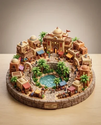 Collectible Miniature Diorama of a Developed Desert Oasis Settlement 1 — Nano Banana AI Prompt: Multiple sandstone merchant buildings clustered around a central trading hall be...
