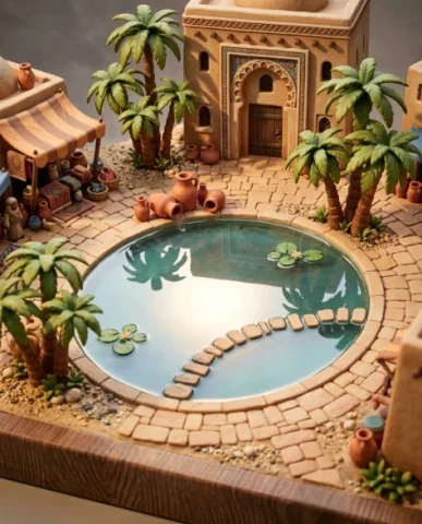 Collectible Miniature Diorama of a Developed Desert Oasis Settlement 2 — Nano Banana AI Prompt: The pool is rendered in poured clear resin — smooth transparent surface with sub...