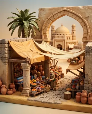 Collectible Miniature Diorama of a Developed Desert Oasis Settlement 3 — Nano Banana AI Prompt: Canvas awnings in sun-bleached ochre and cream stretch between sandstone pillars...