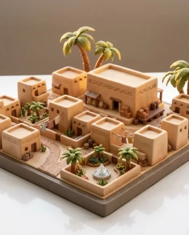 Collectible Miniature Diorama of a Developed Desert Oasis Settlement 4 — Nano Banana AI Prompt: Decorative patterns are carved into the sandstone walls — geometric shapes typic...