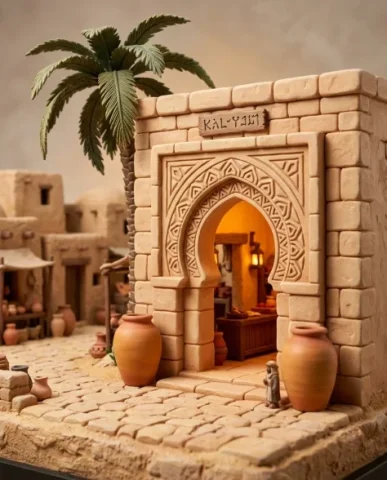 Collectible Miniature Diorama of a Developed Desert Oasis Settlement 5 — Nano Banana AI Prompt: The hall's facade shows sandstone block construction rendered as simplified scul...