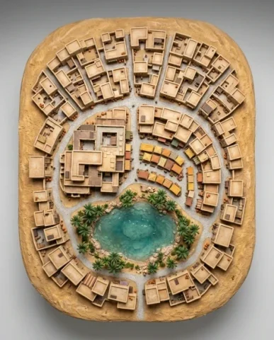 Collectible Miniature Diorama of a Developed Desert Oasis Settlement 6 — Nano Banana AI Prompt: The complete layout is revealed: the oasis pool as a clear resin blue-green cent...