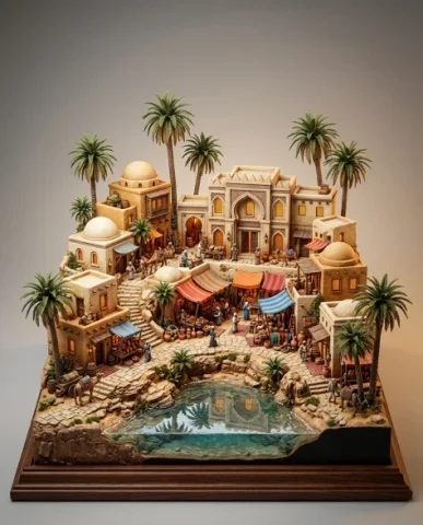 Collectible Miniature Diorama of a Developed Desert Oasis Settlement 7 — Nano Banana AI Prompt: The desert oasis settlement diorama from a slightly lower angle approaching eye...