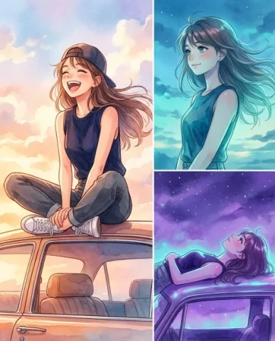 Three-Panel Anime Watercolor Split Composition 1 — Nano Banana AI Prompt: Warm golden-hour lighting bathes the scene in soft amber and coral tones, dreamy...