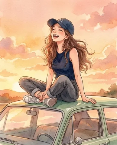 Three-Panel Anime Watercolor Split Composition 2 — Nano Banana AI Prompt: The anime girl is a small silhouette sitting on the car roof, recognizable by th...