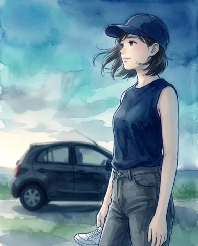 Three-Panel Anime Watercolor Split Composition 3 — Nano Banana AI Prompt: Stylish three-panel anime watercolor split composition — joyful girl on car roof...