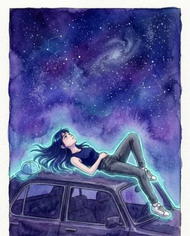 Three-Panel Anime Watercolor Split Composition 4 — Nano Banana AI Prompt: Enlarged evening anime watercolor panel — the girl standing in profile with wind...
