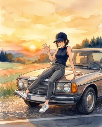 Three-Panel Anime Watercolor Split Composition 5 — Nano Banana AI Prompt: Enlarged night anime watercolor panel — the girl lying on the car roof gazing at...