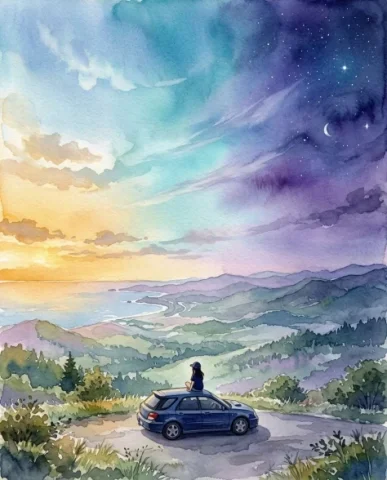 Three-Panel Anime Watercolor Split Composition 7 — Nano Banana AI Prompt: Anime watercolor scene of the girl sitting on the car hood with legs dangling, l...