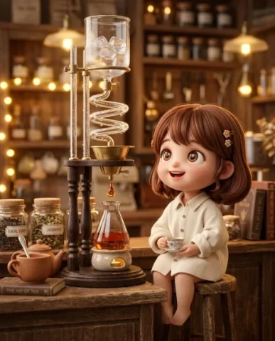 Miniature Tea Shop Diorama with Chibi Girl 1 — Nano Banana AI Prompt: An ultra-detailed 3D render of a miniature diorama set inside a cozy vintage tea...