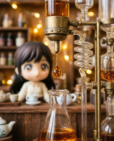 Miniature Tea Shop Diorama with Chibi Girl 2 — Nano Banana AI Prompt: An extreme close-up from the miniature tea shop diorama. The single drop of ambe...