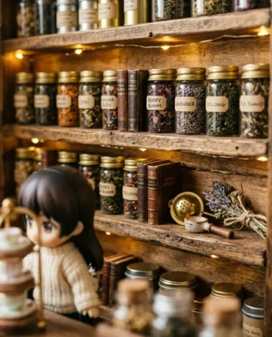 Miniature Tea Shop Diorama with Chibi Girl 3 — Nano Banana AI Prompt: Multiple jars of dried tea blends are lined up on rustic wooden shelves — each j...