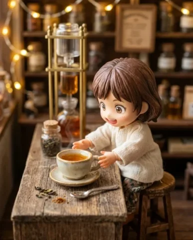 Miniature Tea Shop Diorama with Chibi Girl 5 — Nano Banana AI Prompt: The full tower is in sharp focus — an engineering marvel in miniature. From top...