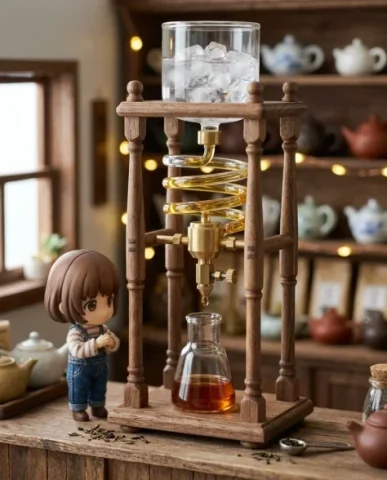 Miniature Tea Shop Diorama with Chibi Girl 6 — Nano Banana AI Prompt: The cozy vintage tea shop interior fills the frame — rustic wooden walls, the sh...
