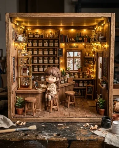 Miniature Tea Shop Diorama with Chibi Girl 7 — Nano Banana AI Prompt: The diorama has a handcrafted quality — a miniature world complete and self-cont...