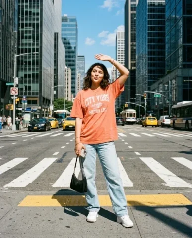 Urban Street Fashion Editorial Under Harsh Sunlight 1 — Nano Banana AI Prompt: Her pose is casual and confident with one hand raised above her head blocking th...