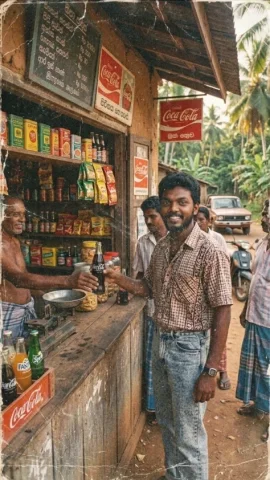 80's vibe men's edition — Nano Banana AI Prompt: An 80s film photograph of a young Sri Lankan man with a beard, smiling at the ca...
