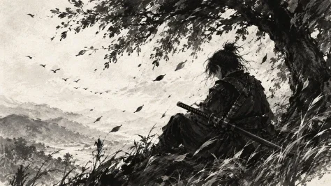 THE LONE SAMURAI(1920 × 1080 px) — GPT Image AI Prompt: Create a highly detailed monochrome Japanese ink-wash illustration of a lone sam...