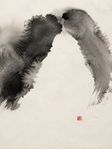 Vermilion Beneath an Ink Arch — GPT Image 2.5 AI Prompt: Create a contemporary original ink-on-paper abstract painting: two broad fluid c...