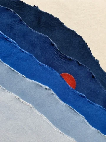 Tides in Torn Blue Paper — GPT Image 2.5 AI Prompt: Create an original tactile abstract artwork photographed straight-on: five broad...