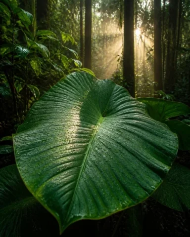 Sunbeam Through the Rainforest — GPT Image 2.5 AI Prompt: A lush natural landscape photograph inside a tropical forest just after rain. On...