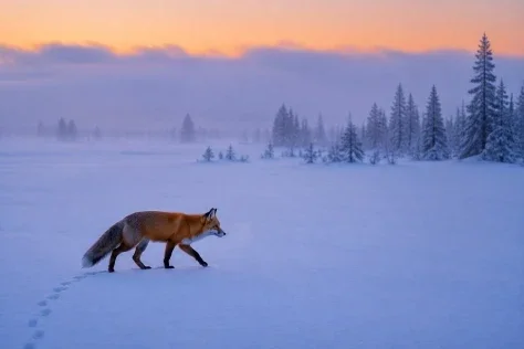 Red Fox Across Blue-Hour Snow