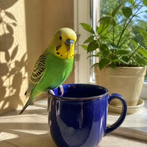 Parakeet on a Cobalt Mug