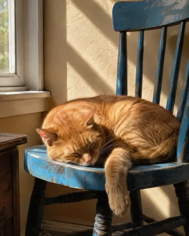 Ginger Cat in a Sunlit Chair — GPT Image 2.5 AI Prompt: An intimate natural photograph of a ginger cat asleep curled inside the shallow...