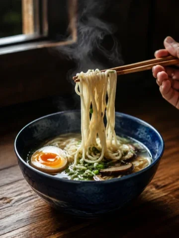 Noodles in a Cobalt Bowl — GPT Image 2.5 AI Prompt: A documentary food photograph of a deep cobalt bowl of handmade wheat noodles in...