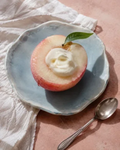 White Peach and Cream Still Life — GPT Image 2.5 AI Prompt: A sumptuous but natural food editorial photograph of a halved ripe white peach w...