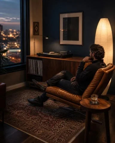 A Warm Vinyl Corner at Dusk — GPT Image 2.5 AI Prompt: A tactile interior photograph of a small listening corner at dusk: walnut record...