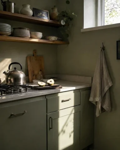 Morning in a Sage-Green Kitchen — GPT Image 2.5 AI Prompt: A candid interior editorial photograph of a tiny sage-green kitchen at early mor...