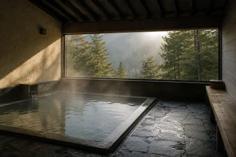 Morning Steam in a Mountain Bathhouse — GPT Image 2.5 AI Prompt: A serene architectural photograph of an empty small mountain bathhouse. One rect...