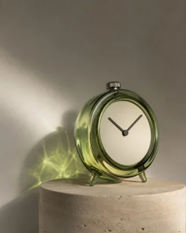 Moss-Green Glass Alarm Clock — GPT Image 2.5 AI Prompt: A premium studio product photograph of a completely original translucent moss-gr...