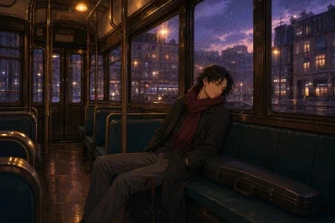 Dusk Dreams on the Last Tram — GPT Image 2.5 AI Prompt: Original 2D anime illustration of an adult violin student in a burgundy scarf as...