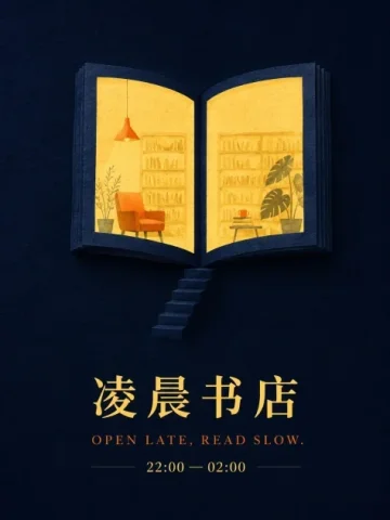 Late-Night Bookshop Poster — GPT Image 2.5 AI Prompt: Create an original finished bookshop event poster. A single open book drawn as t...
